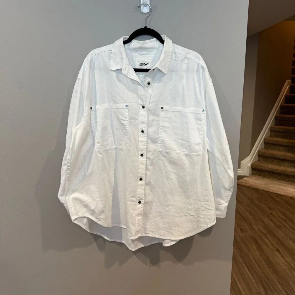Aerie Large White Denim Oversized Shirt Jacket